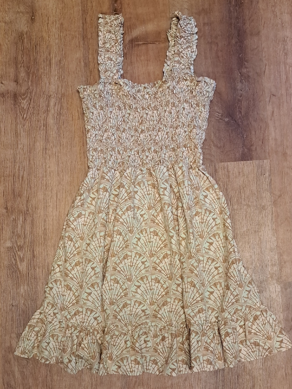 Madewell Lucie Smock Linen Blend Sun Dress with Tan And Pink Leaf Print - Size S